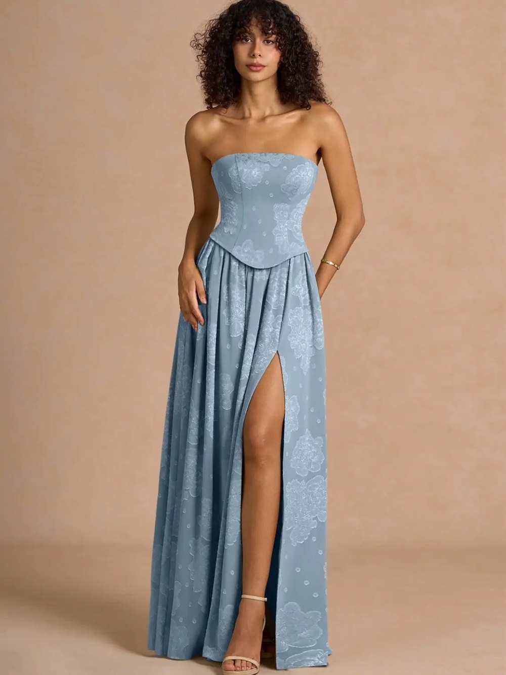 Azazie Dusty Blue Strapless Corset Maxi Dress with High Slit